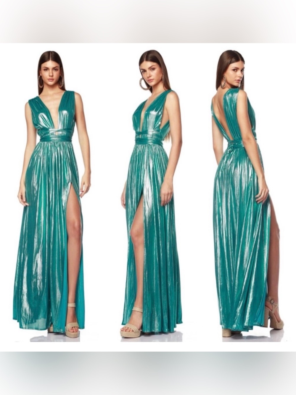Bronx and Banco Teal Metallic Plunge Maxi Dress with High Slit